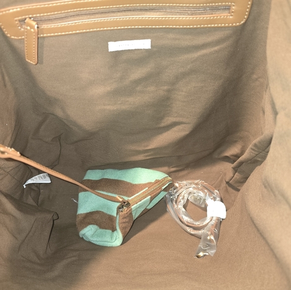 NWOT Anthropologie Turquoise and Brown Striped Tote Bag w/ Pouch - Picture 4 of 6